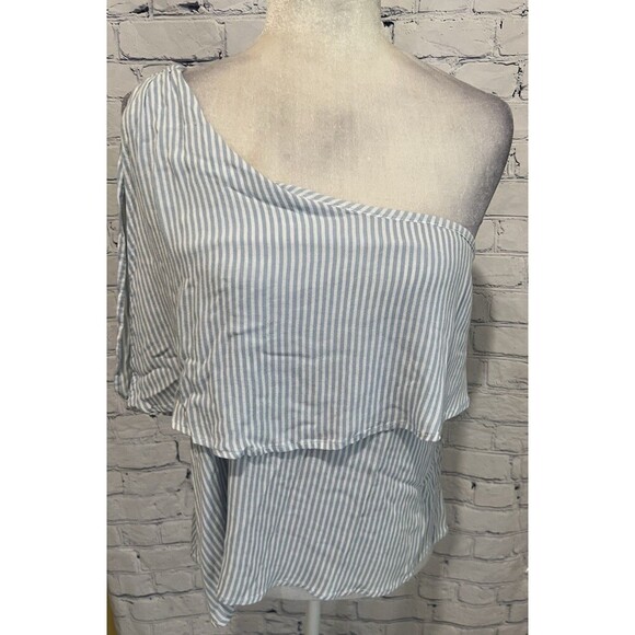 BP Womens One Shoulder Top Size Medium Blue White Striped Shirt - Picture 1 of 6